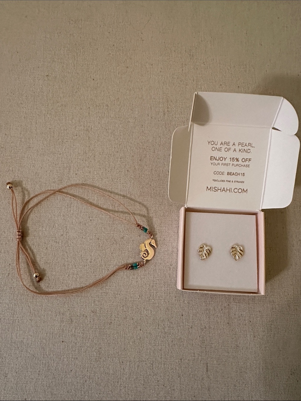 Misha Hawaii Monstera  Stud Earrings with  seahorse bracelet